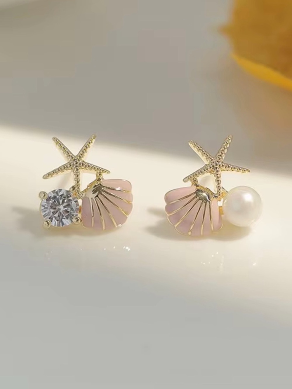 Gold Starfish Pink Shell Pearl & Crystal Stud Earrings - Women Jewelry